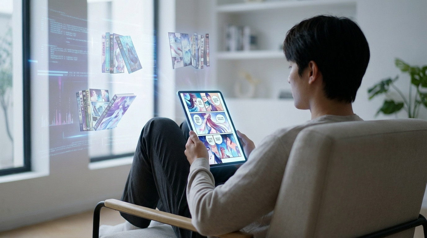 A person reads digital manga on a tablet in a modern room, surrounded by holographic projections of comic book spines and data.