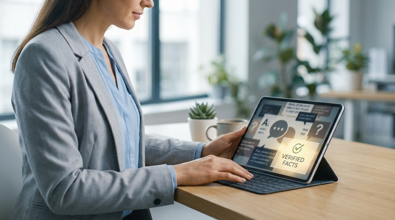 A woman in a blazer uses a tablet to discern truth. The screen displays chaotic information with a clear 'VERIFIED FACTS' section.
