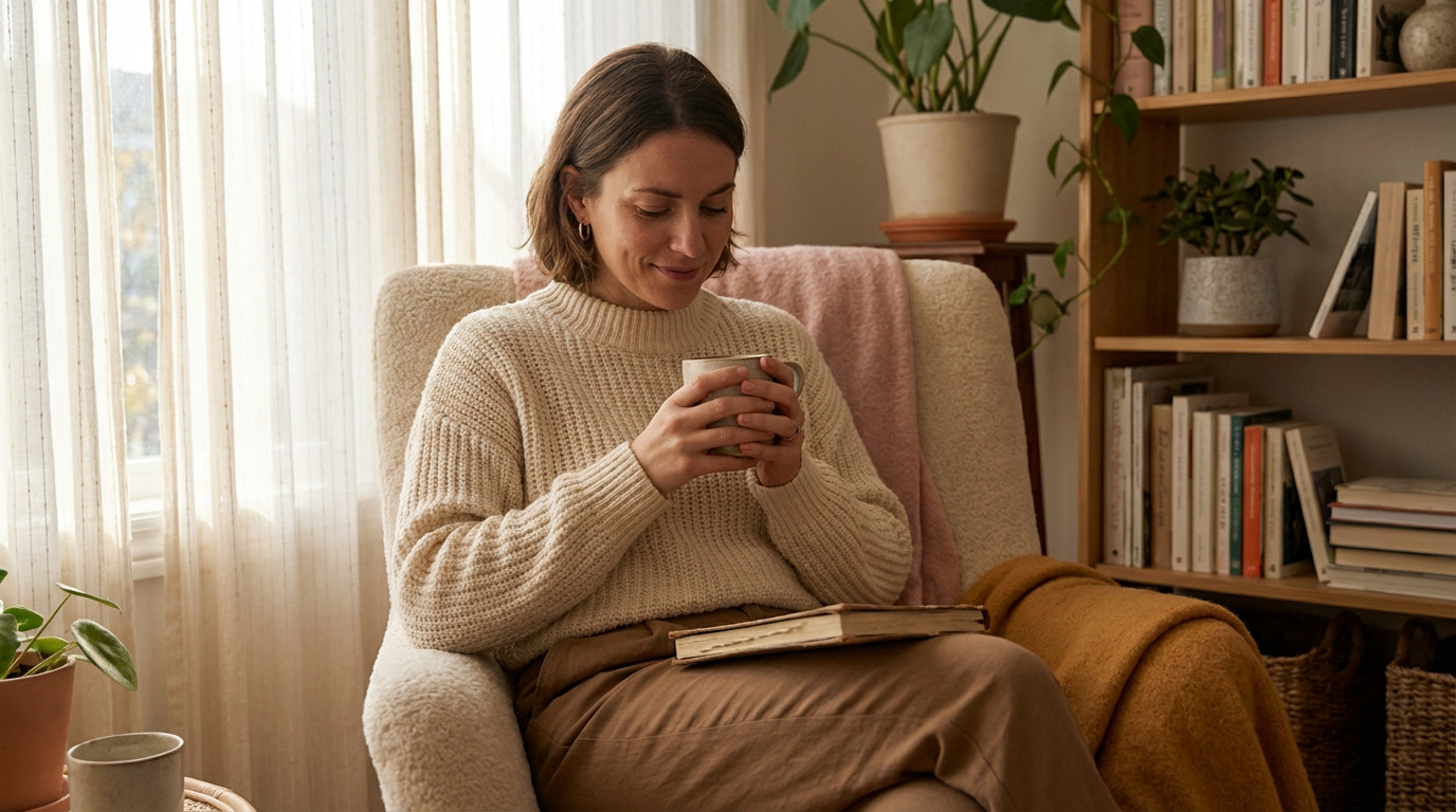 A woman in a cream sweater sits in a cozy armchair, holding a mug and smiling softly, bathed in warm, diffused light. A bookshelf and window frame the intimate scene.