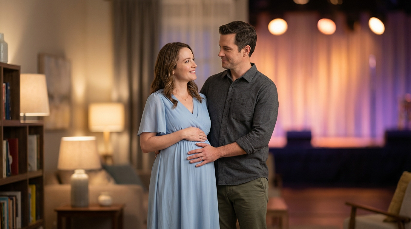 Joyful pregnant woman in blue dress with partner, hands on her belly, against blurred home interior and stage lights background.