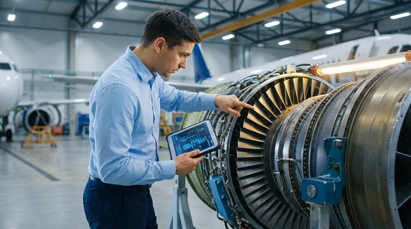 A male engineer in a light blue shirt inspects a large jet engine in a hangar, holding a tablet with schematics and pointing at a component. Other aircraft are blurred in the background.