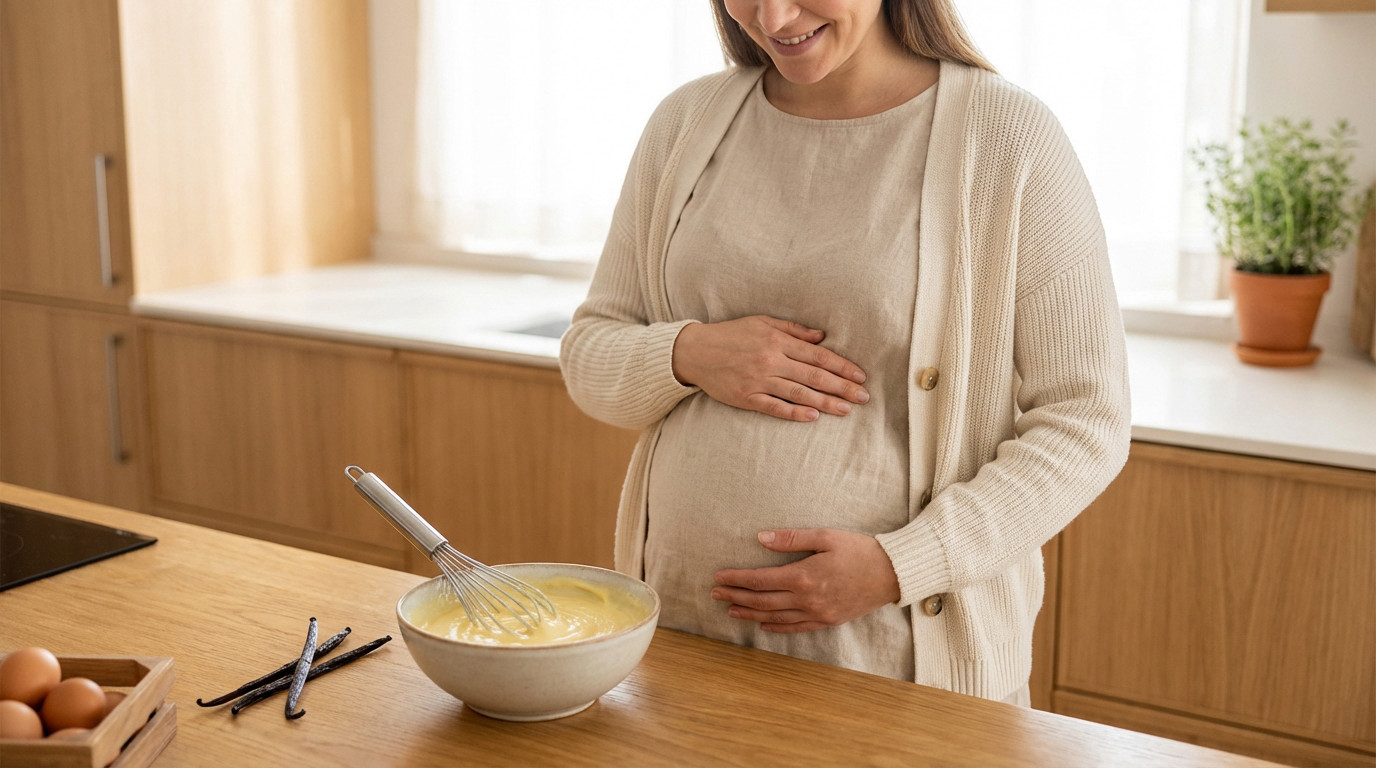 Pregnant woman in a modern kitchen, hands on baby bump, next to crème pâtissière, vanilla pods, and eggs. Warm, domestic scene.