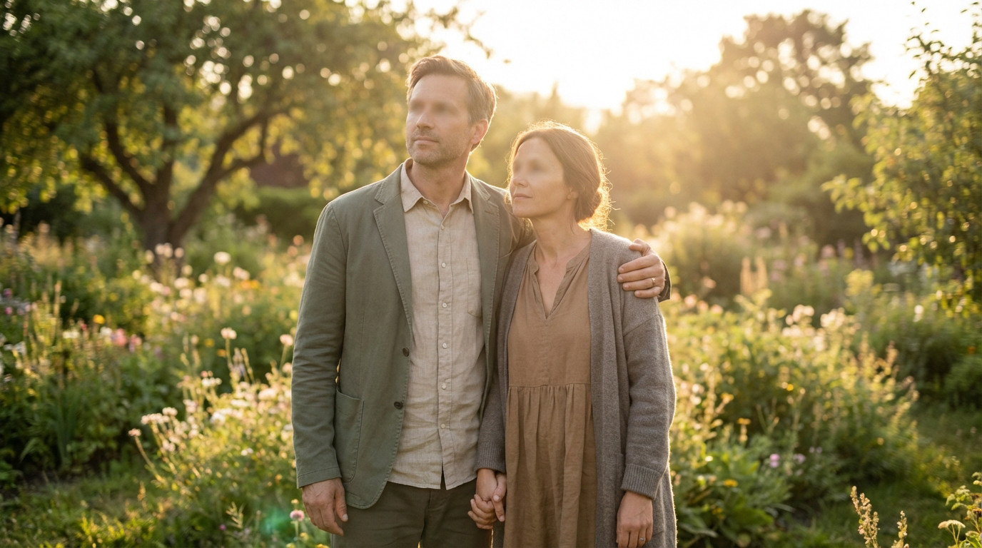 Anonymous couple in a sunlit garden, man's arm around woman, holding hands, gazing thoughtfully. Soft, earthy tones.