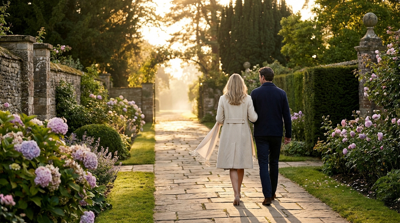 A man and woman, seen from behind, walk side-by-side on a stone garden path bathed in soft golden hour light, surrounded by lush foliage.