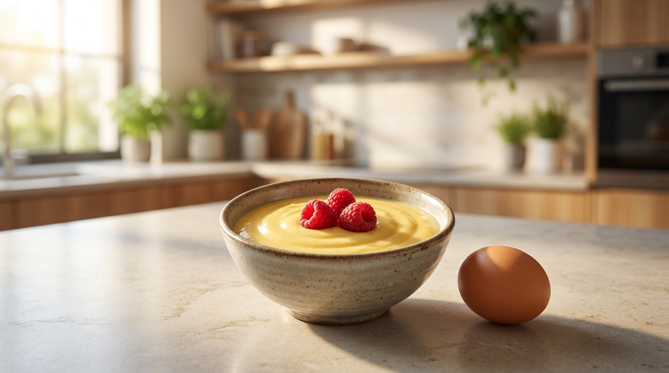 Creamy golden crème anglaise with red raspberries in a bowl, alongside a whole raw egg on a light kitchen counter, blurred modern background.