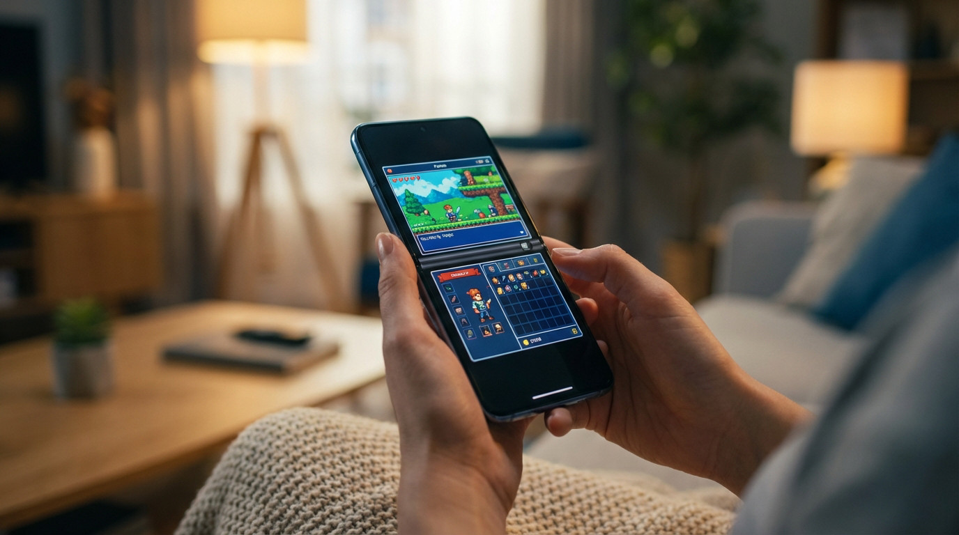 Anonymous hands hold a modern smartphone displaying a classic pixel art game on its dual screen, in a soft-lit indoor setting.