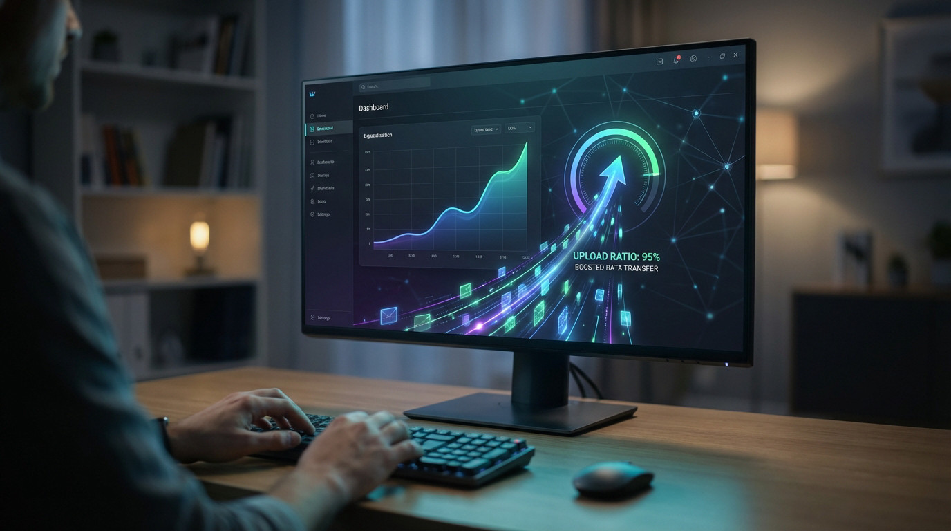 Sleek monitor with dark, vibrant software interface showing "Upload Ratio" and boosted data transfer. Hands on keyboard.