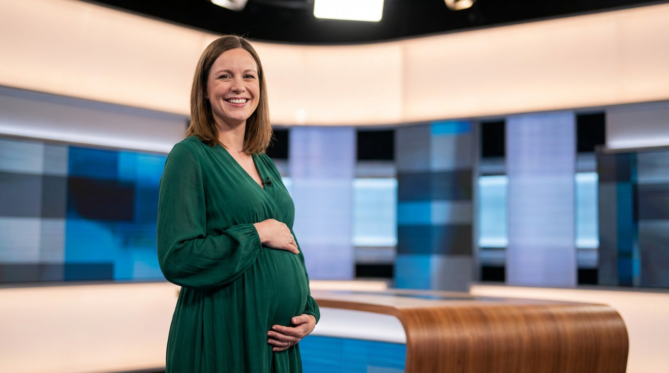 A smiling expectant mother in a green dress stands in a TV studio, hands gently placed on her visible baby bump.