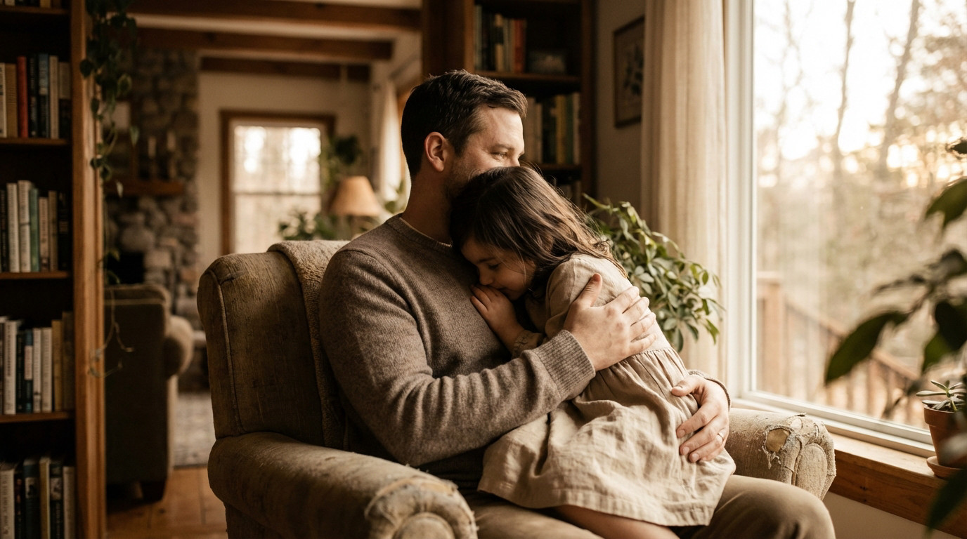A father gently holds his young daughter in a warm, intimate indoor setting, emphasizing a tender, protective bond.