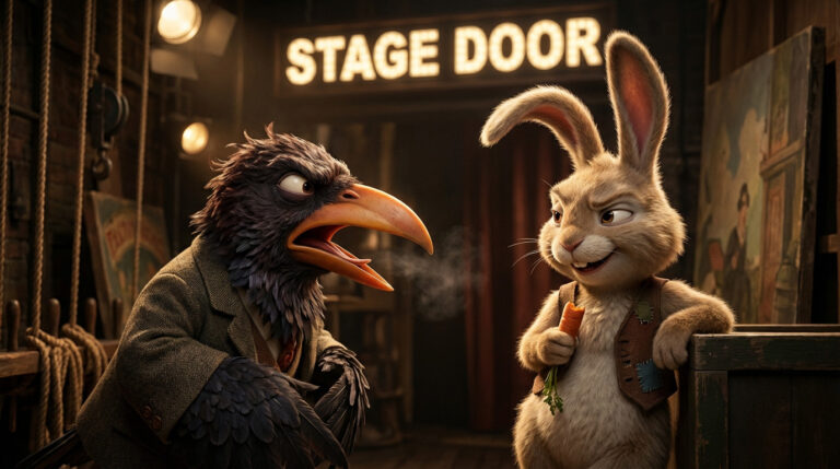 A photorealistic image of a frustrated dark-feathered bird with an orange beak confronting a smug, carrot-holding rabbit backstage. 'STAGE DOOR' sign visible.