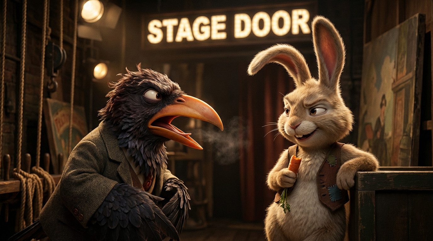 A photorealistic image of a frustrated dark-feathered bird with an orange beak confronting a smug, carrot-holding rabbit backstage. 'STAGE DOOR' sign visible.
