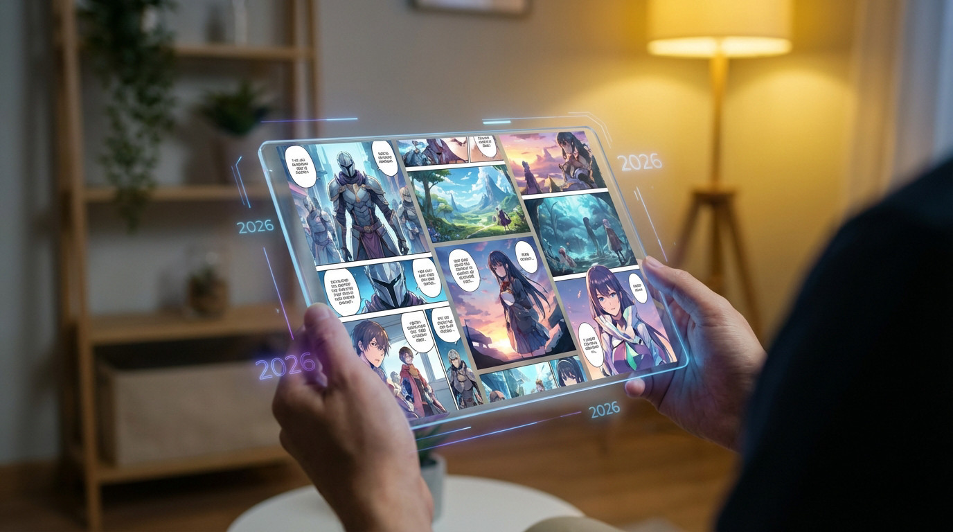 Hands hold a transparent tablet displaying vibrant manga panels and anime scenes with holographic '2026' elements, in a cozy, modern room.