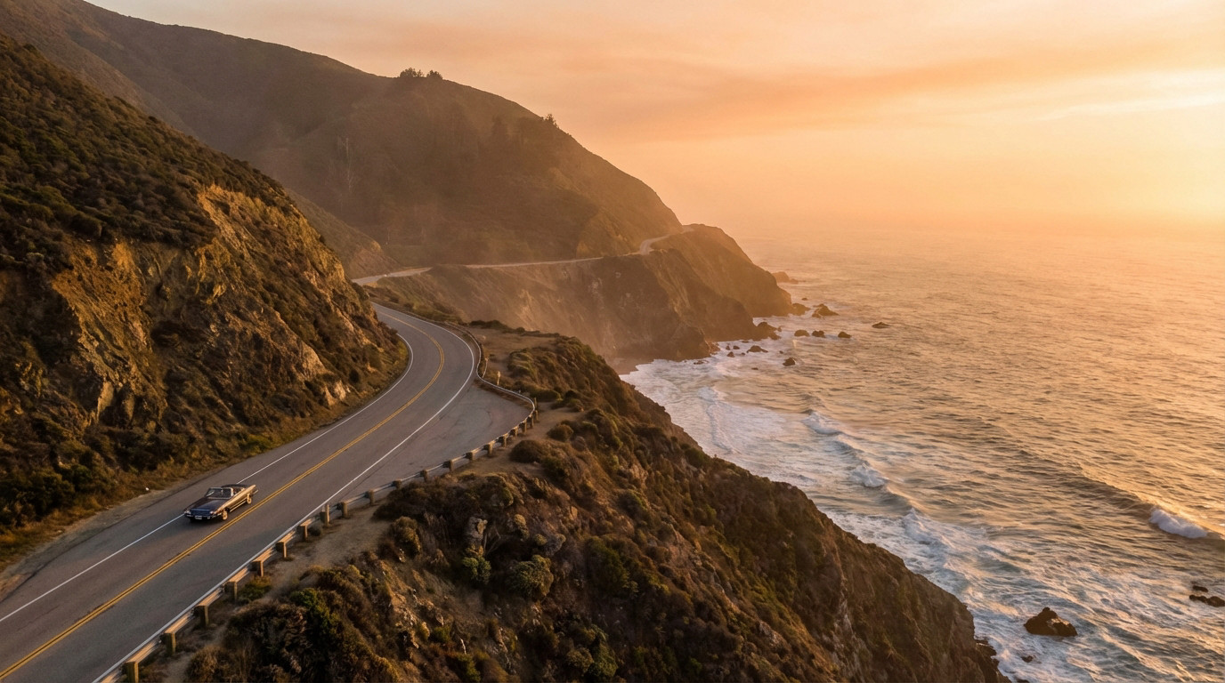 A vintage car drives on a winding coastal highway alongside cliffs and the ocean at sunset, bathed in warm golden light.