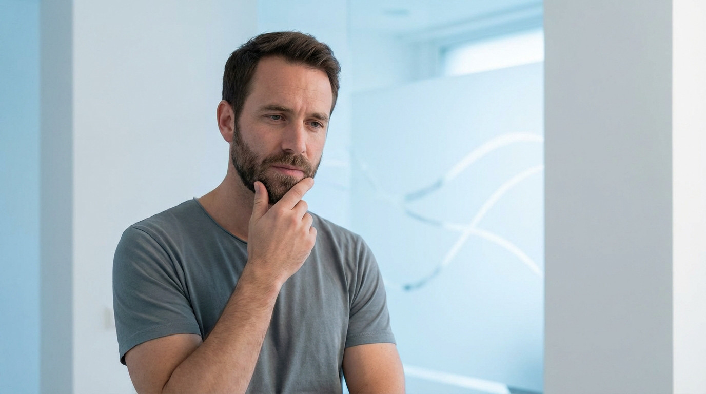 A thoughtful man in a grey shirt, hand on chin, in a modern, calm blue and white room with abstract lines, seeking understanding.