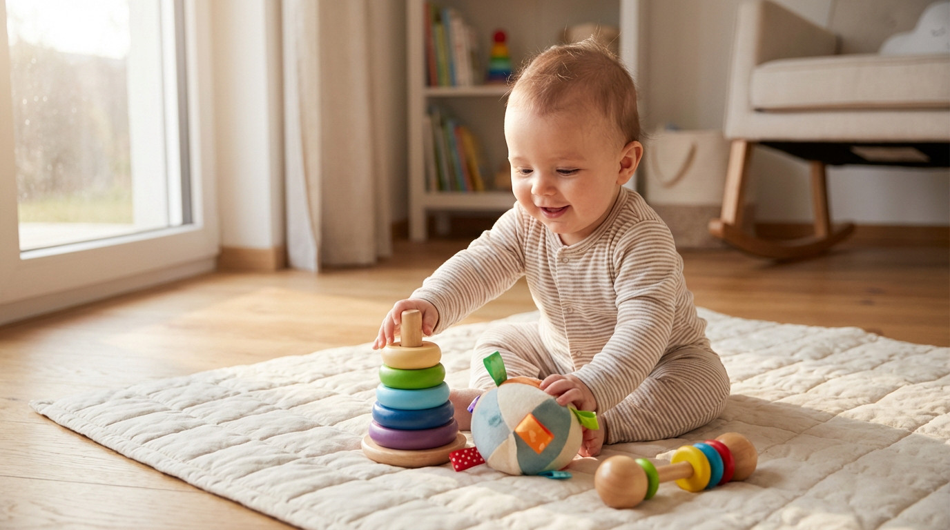 A happy baby, 6-9 months old, sits on a light playmat on a wooden floor, playing with a stacking toy, soft ball, and rattle. Natural light fills the cozy nursery.