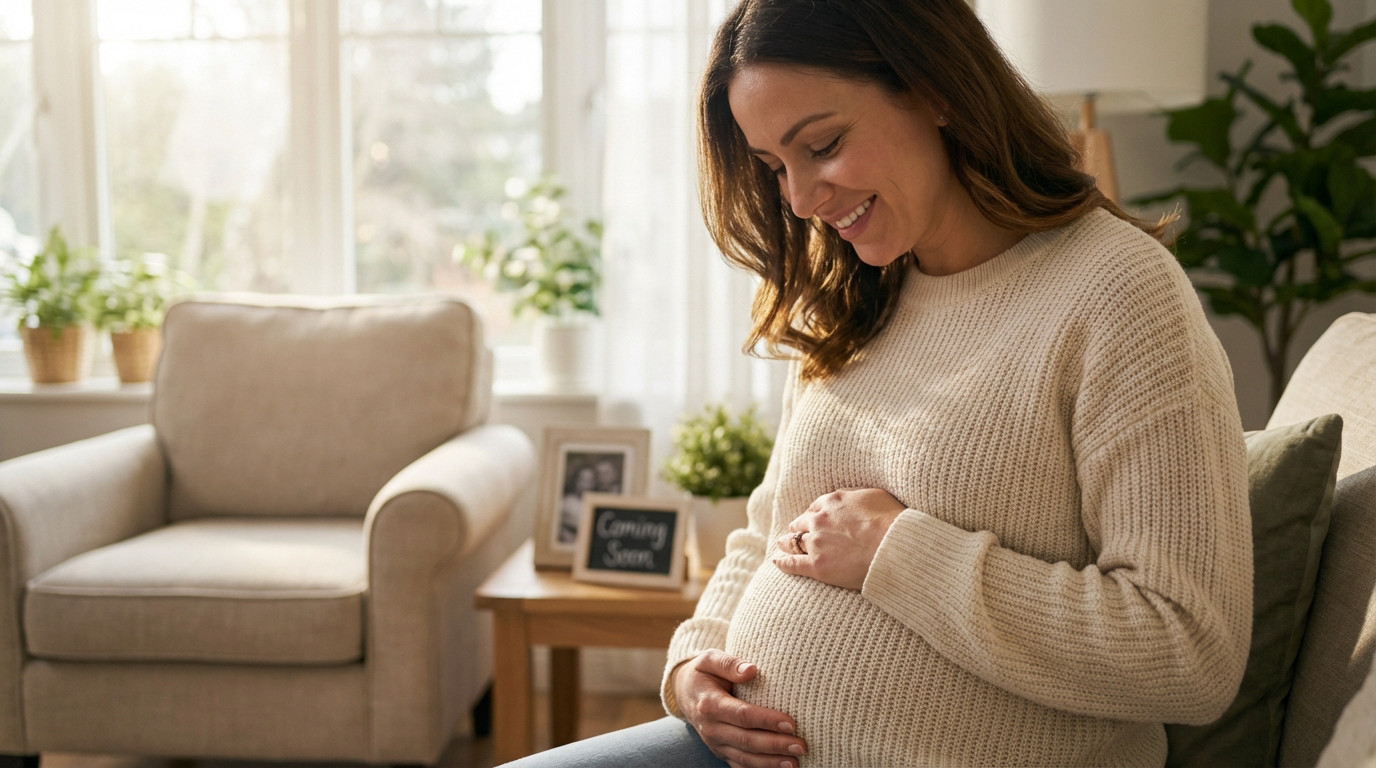 Smiling pregnant woman in cream sweater cradles her belly in a sunlit living room with a "Coming Soon" sign. Joyful anticipation.