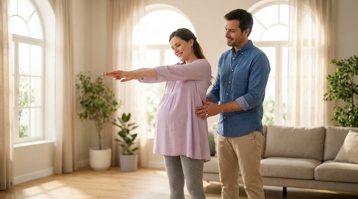 A visibly pregnant woman in a lilac tunic stretches gently, supported by her smiling partner in a bright, modern living room with large windows.