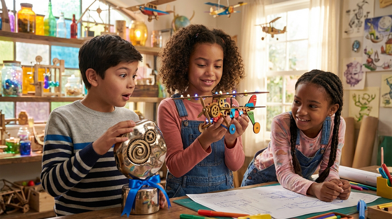 Three diverse children in a bright, whimsical workshop. One holds a glowing invention, another admires a gear trophy, a third smiles joyfully.