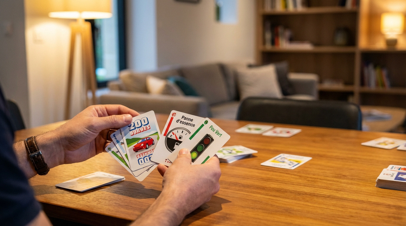 Player's hands hold Mille Bornes cards (200 Bornes, Panne d'essence, Feu Vert) on a wooden table. Blurred cozy room background.