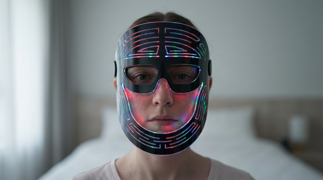 Medium close-up of a person wearing a sleek black LED facial mask with multi-colored lights (red, blue, green) and a neutral expression.