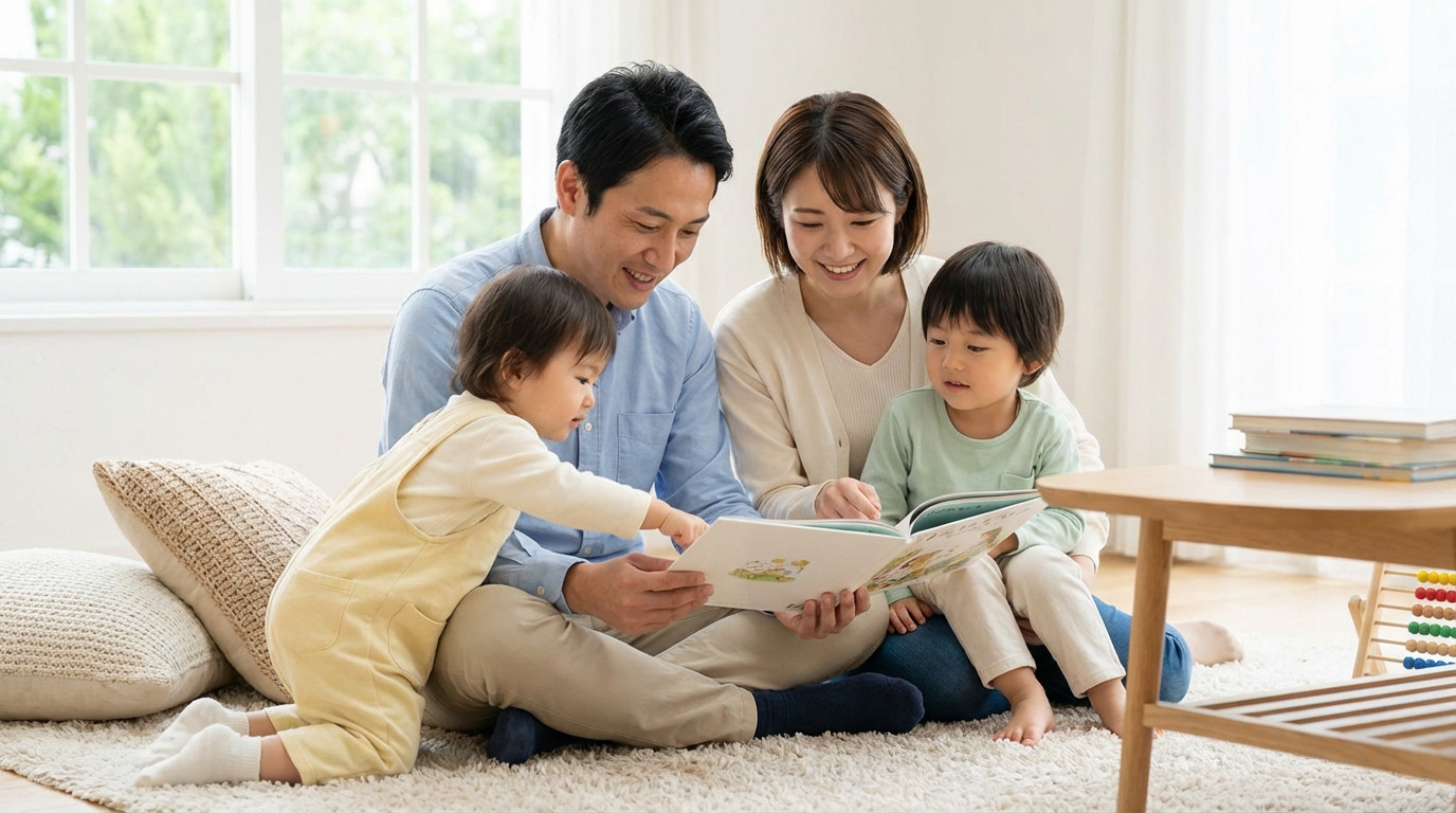 Parents and two children joyfully reading a book on a rug in a bright home, conveying nurturing and learning.