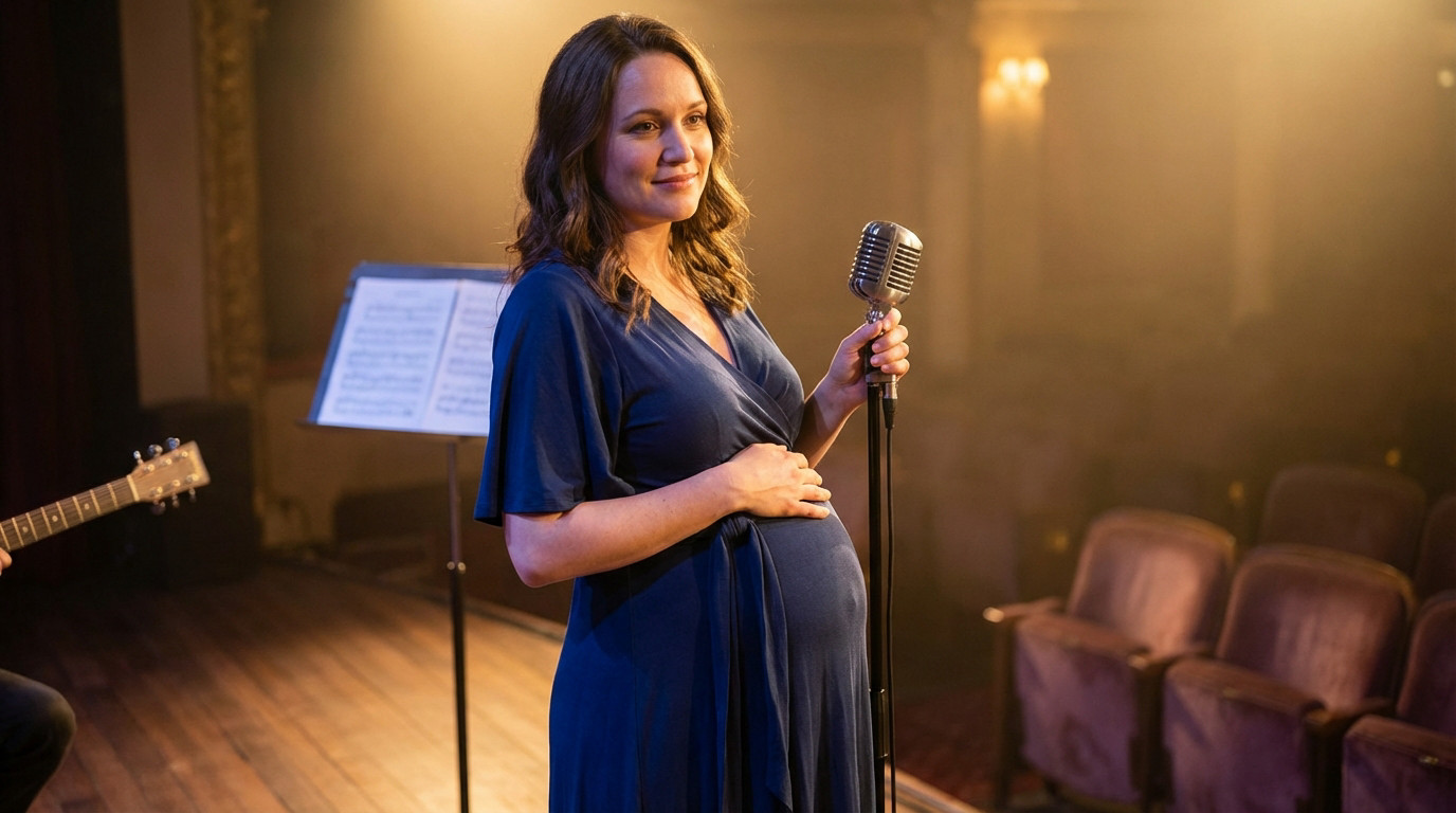 A visibly pregnant woman in an elegant blue dress holds a vintage microphone on a warm, softly lit stage, with sheet music and a guitar in the background.