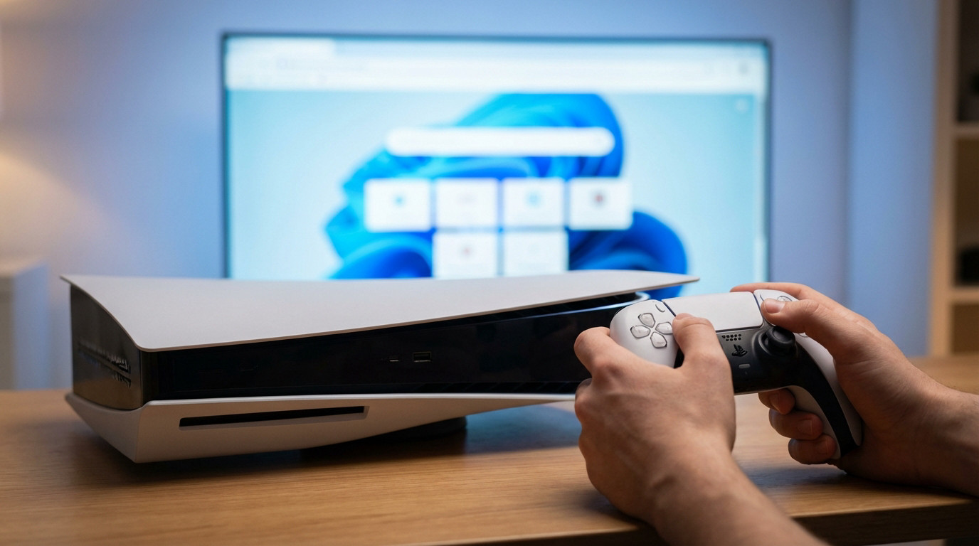 Hands holding a DualSense controller, navigating a web browser on a large screen with a PlayStation 5 console. Modern tech tutorial.