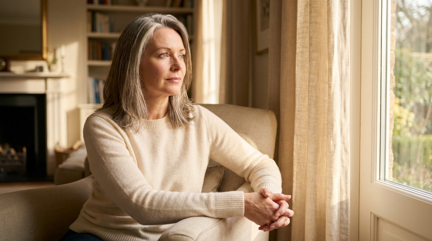 A woman in her late 40s-early 50s with grey hair, wearing a cream sweater, sits pensive by a sunlit window in an elegant home.