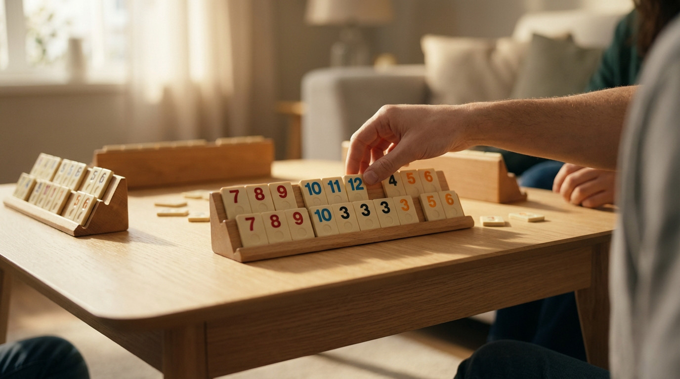 Close-up of a hand placing a Rummikub tile on a clean wooden table with other colorful tiles in soft, warm light.