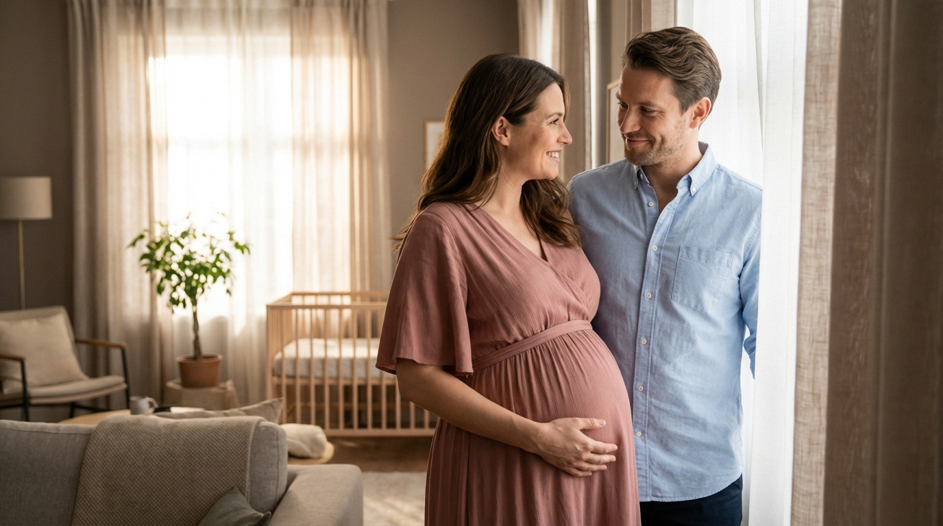 Pregnant woman in rose dress, gently touching her belly, smiles at her partner in a bright, modern nursery. He smiles back.