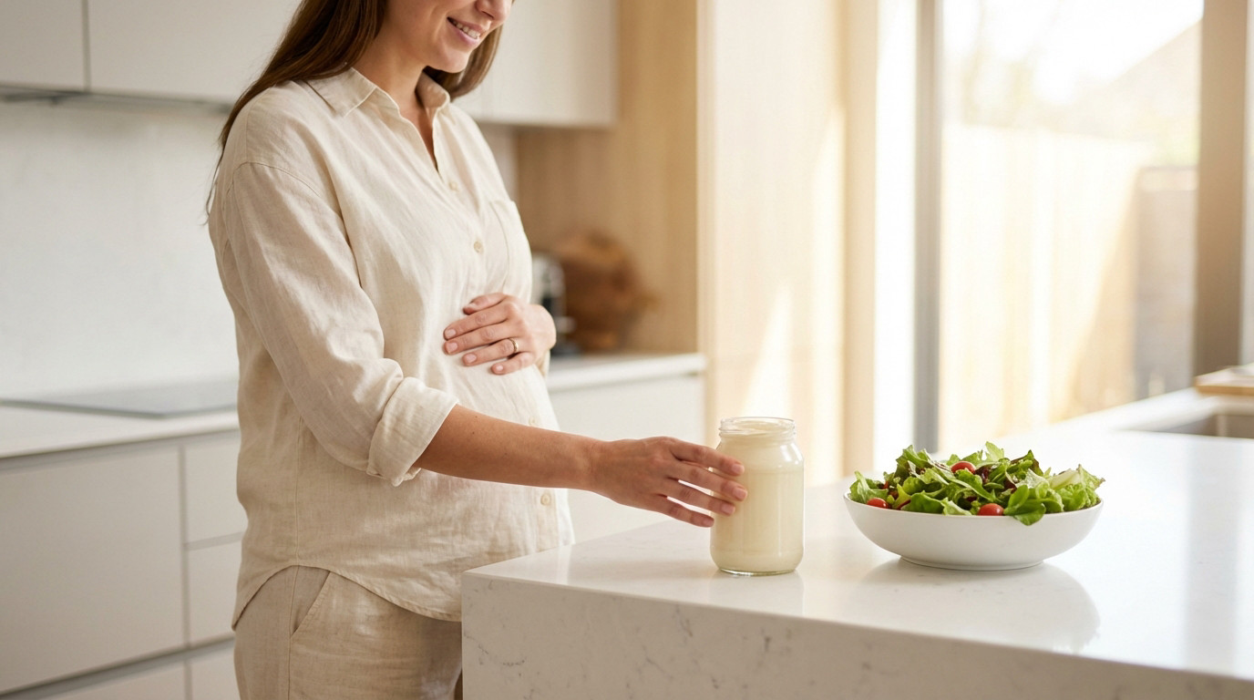 Pregnant woman gently touching her bump while reaching for mayonnaise beside a fresh salad in a bright, modern kitchen.