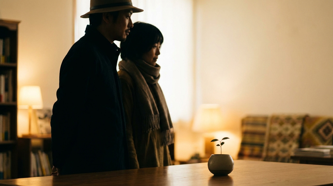 A man and woman in a warm, diffused light room, gazing thoughtfully. A plant sprout in a minimalist pot represents new beginnings.