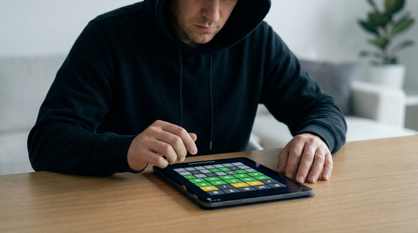 Person in black hoodie intently playing a word puzzle game on a tablet, showing green, yellow, and grey letter tiles.