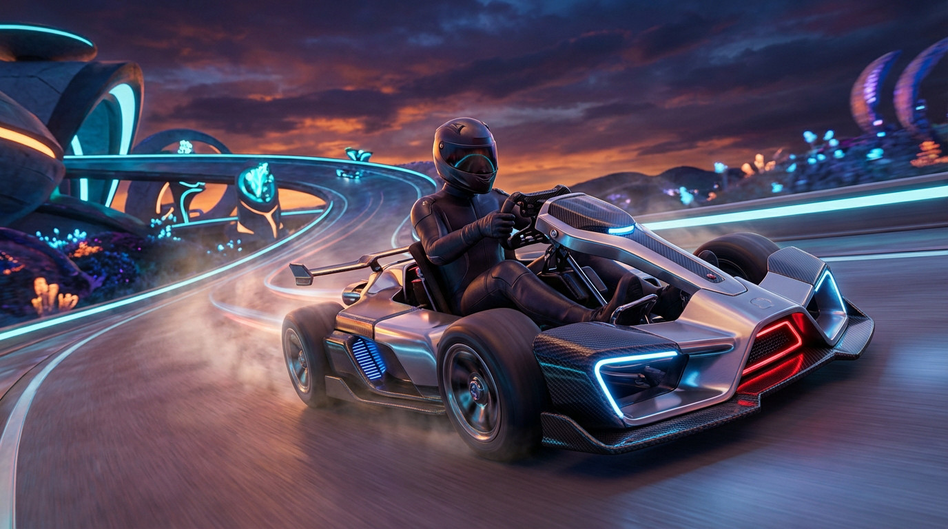 A futuristic racing kart with a driver in a sleek suit speeds on a vibrant twilight track. Glowing elements and dramatic lighting create an exhilarating scene.