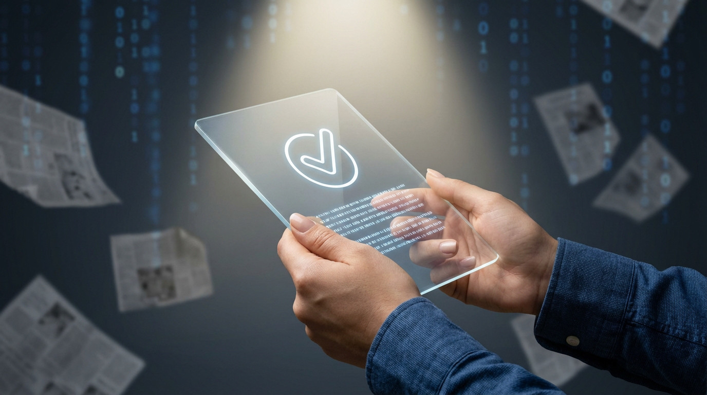 Hands hold a glowing transparent tablet with a checkmark, contrasting with blurred newspapers and binary data in the background.