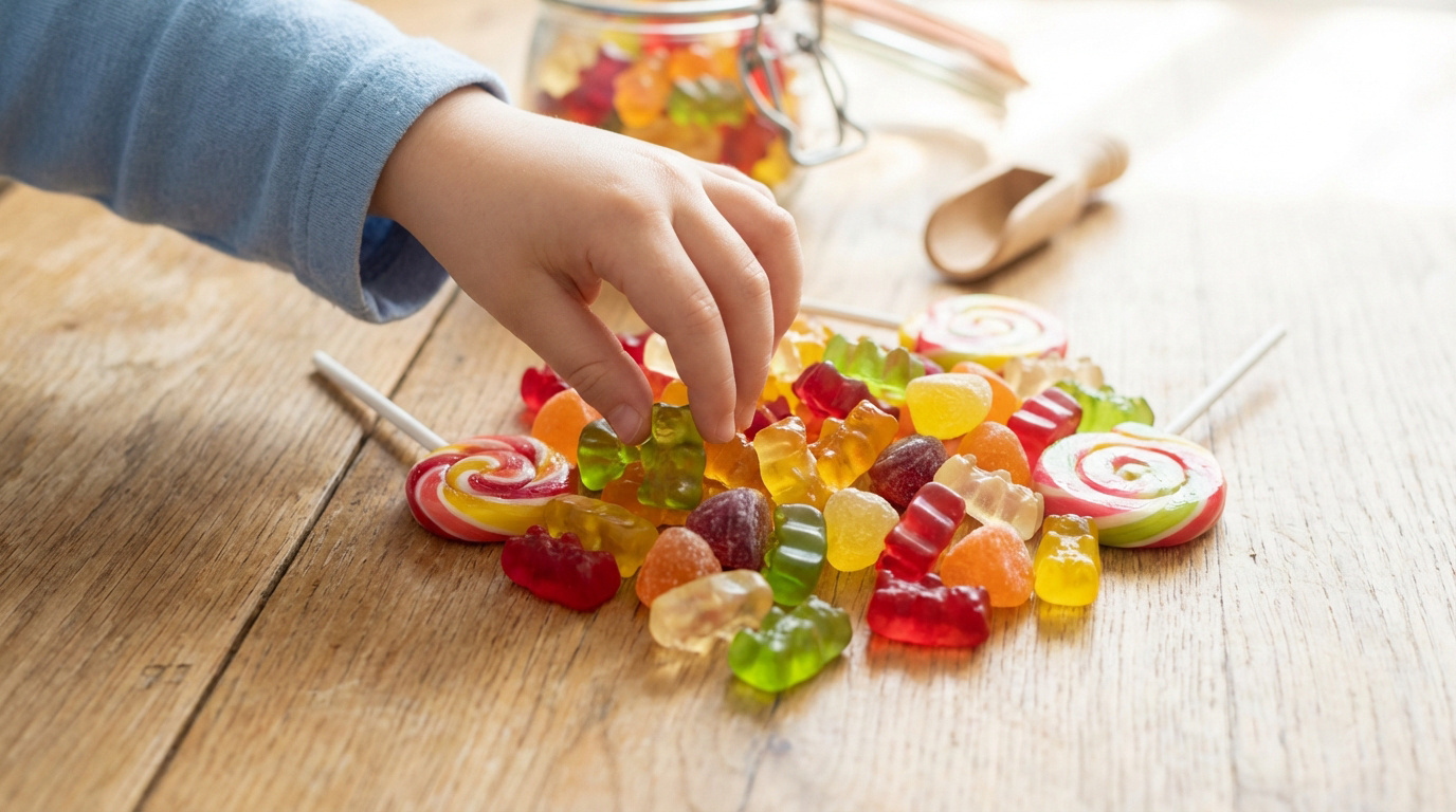 Main d'enfant saisissant un bonbon ours en gélatine vert parmi un assortiment de bonbons colorés sur une table en bois.
