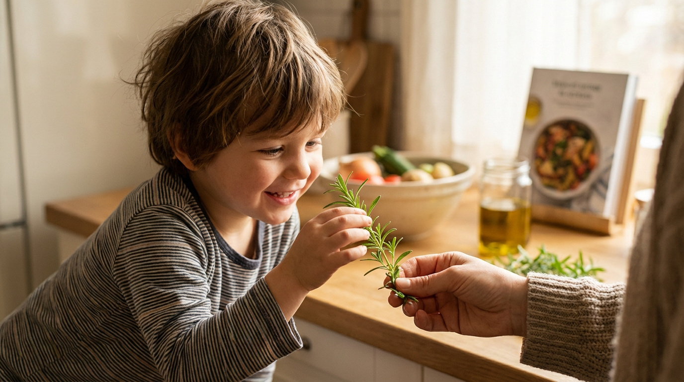 Un jeune enfant souriant examine une branche de sarriette donnée par une main adulte dans une cuisine lumineuse.