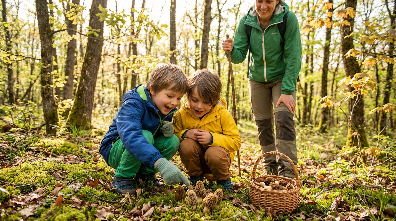 Deux enfants et une femme cueillent des morilles en forêt. Les garçons pointent des champignons au sol avec un panier rempli.