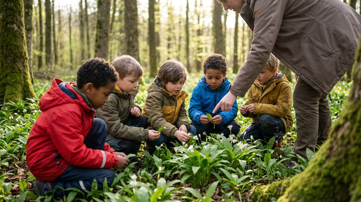Un groupe d'enfants et un adulte cueillent de l'ail des ours dans une forêt verdoyante. L'adulte montre une plante aux enfants attentifs.