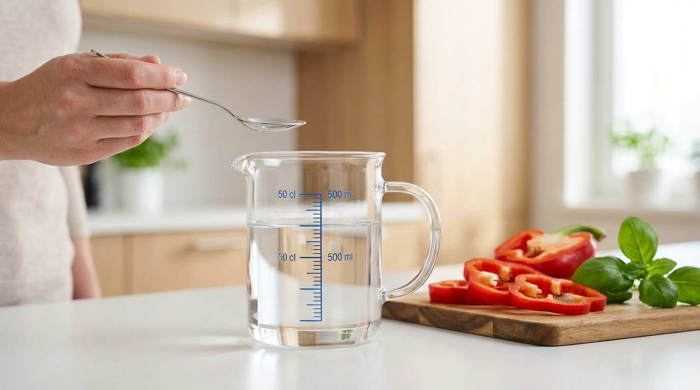 Une main tient une cuillère au-dessus d'un verre doseur d'eau gradué en cl et ml. Des légumes frais sont sur la table.