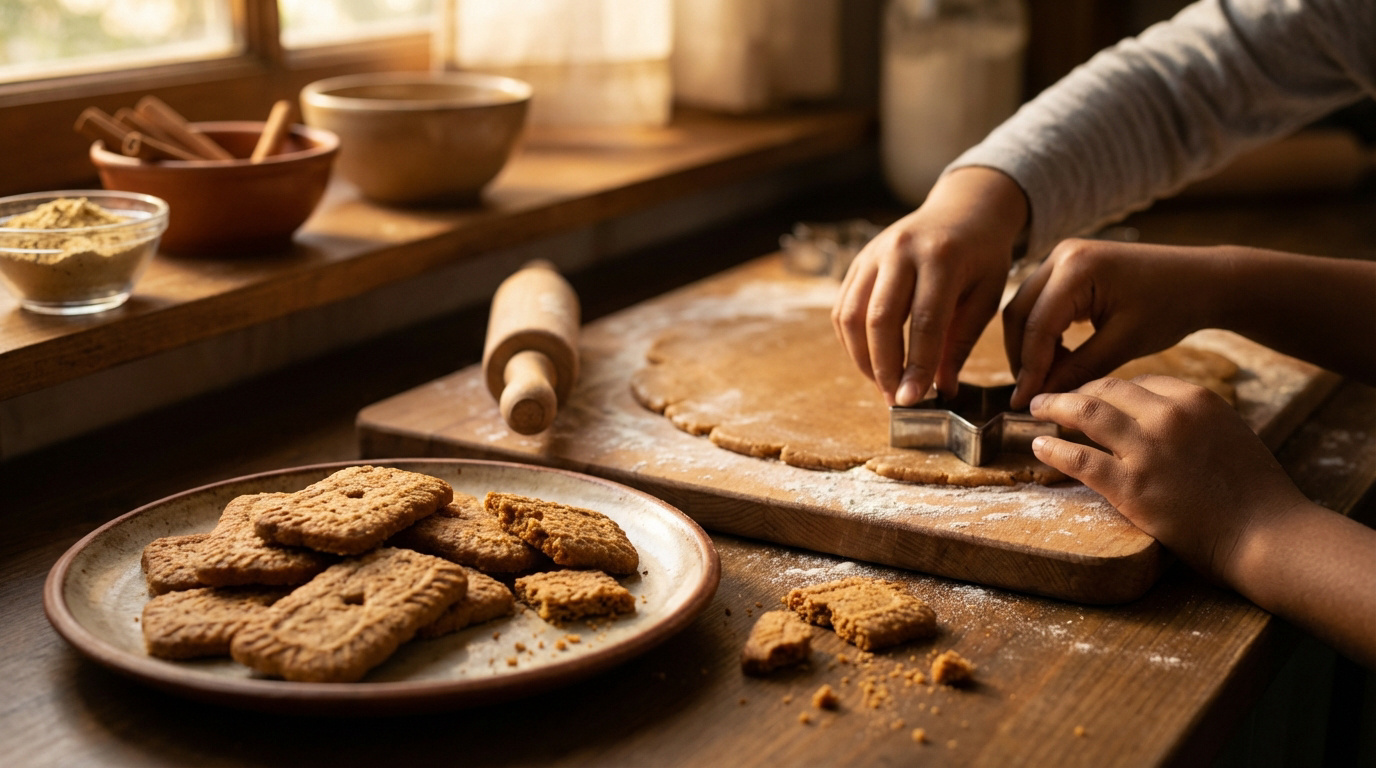 Des mains d'enfant découpent des spéculoos en étoile sur une pâte étalée. Des biscuits finis et des épices sont sur la table.