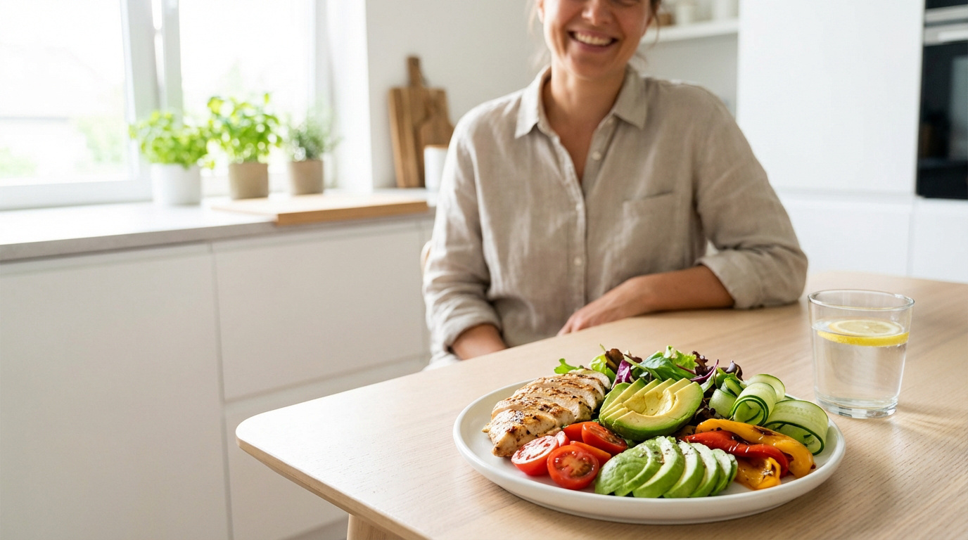 Femme souriante en cuisine. Assiette de poulet grillé, avocat, tomates, poivrons, concombre et salade. Verre d'eau citronnée sur table.