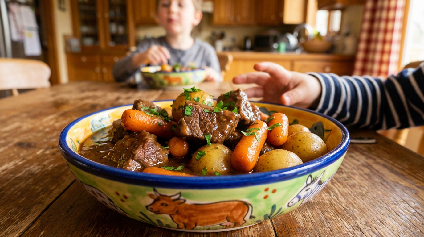 Bol coloré de bourguignon (viande, carottes, pommes de terre) sur table en bois. Main d'enfant s'approchant, enfant mangeant en arrière-plan.