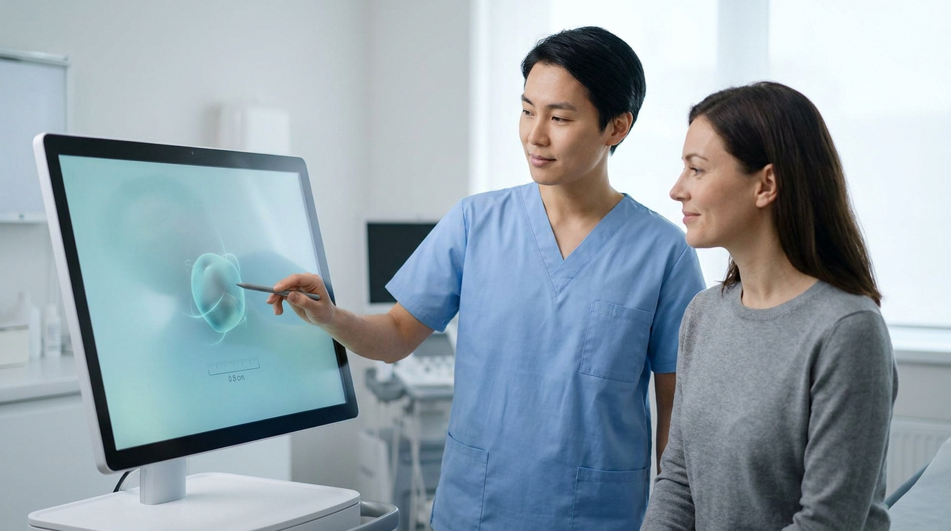 Médecin expliquant à une patiente une imagerie 3D d'un ganglion infracentimétrique (0,8 cm) sur un grand écran tactile.