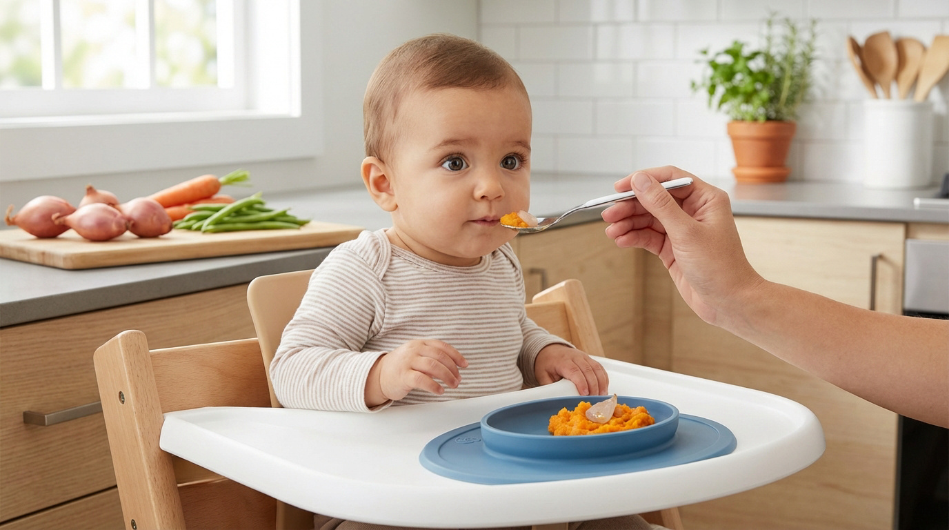 Un bébé en chaise haute mange une purée d'échalote et légumes à la cuillère. Échalotes et carottes fraîches sur le comptoir.