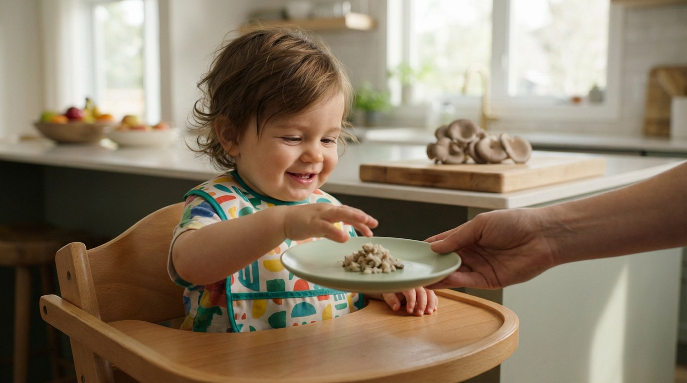 Un bébé souriant dans une chaise haute tend la main vers une assiette de pleurotes hachés qu'une main adulte lui présente.