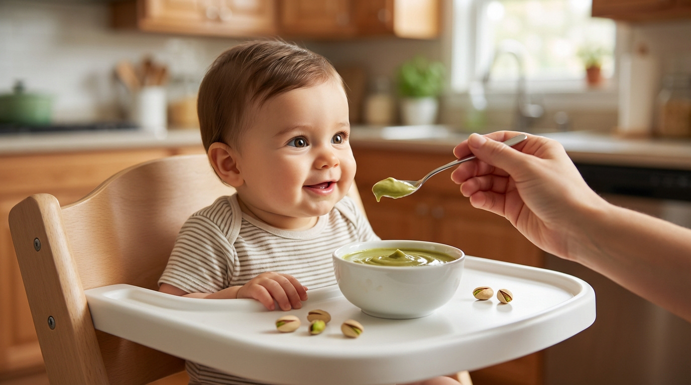 Bébé souriant dans sa chaise haute, une main adulte lui donne de la crème de pistache verte. Un bol et des pistaches sur le plateau.
