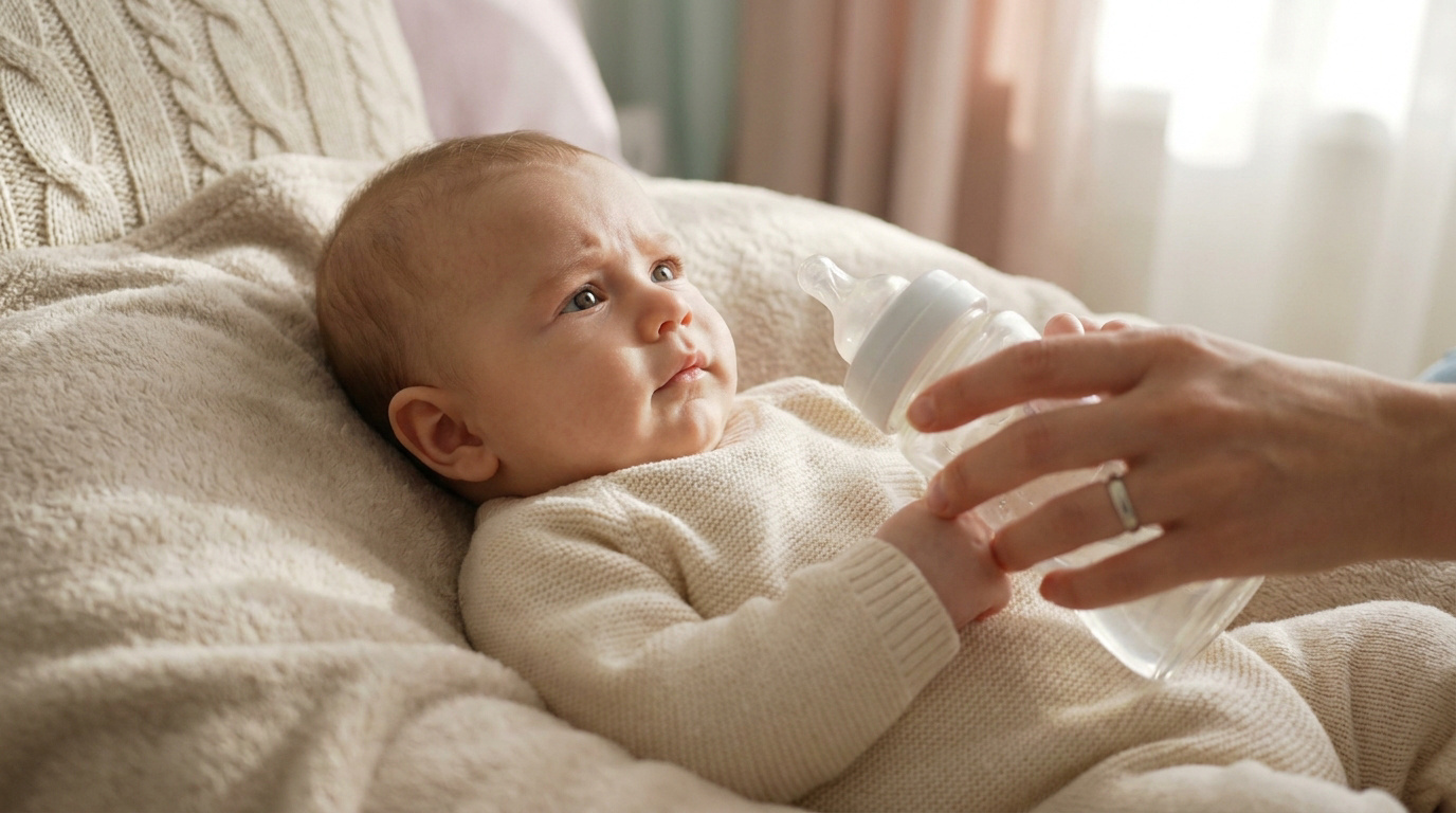Un bébé vêtu d'un pull crème est allongé, observant attentivement un biberon que lui tend une main adulte, prêt à être nourri.