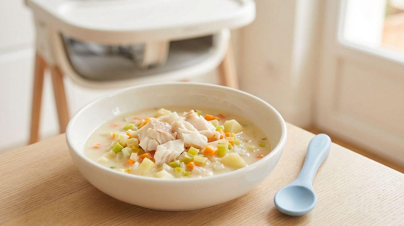 Bol de blanquette de poisson crémeuse avec légumes et morceaux de poisson, cuillère bleue sur table en bois, chaise haute en fond.