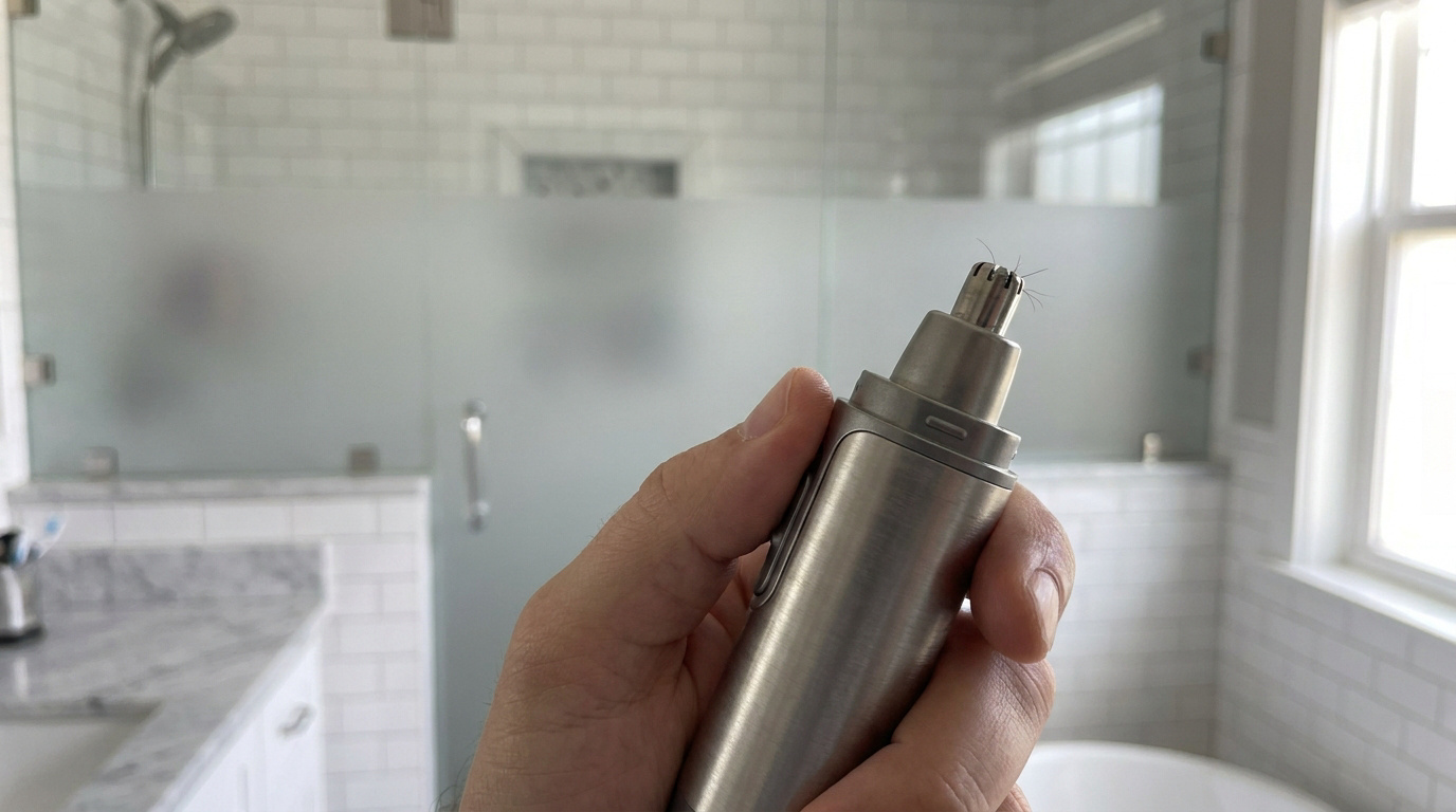Gros plan sur une main tenant un épilateur nasal métallique avec des poils coupés, dans une salle de bain moderne et lumineuse.